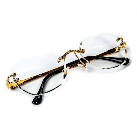 Men's Hip Hop Oval Clear Lens Retro Rimless Gold Frame Glasses - Picture 4 of 5